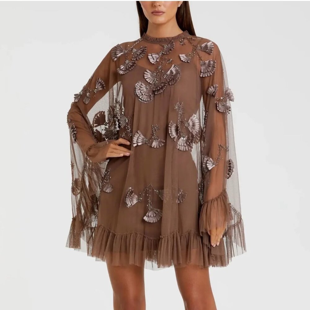 Mac Duggal Brown Embellished Long Sleeve Trapeze Dress with Ruffle Hem